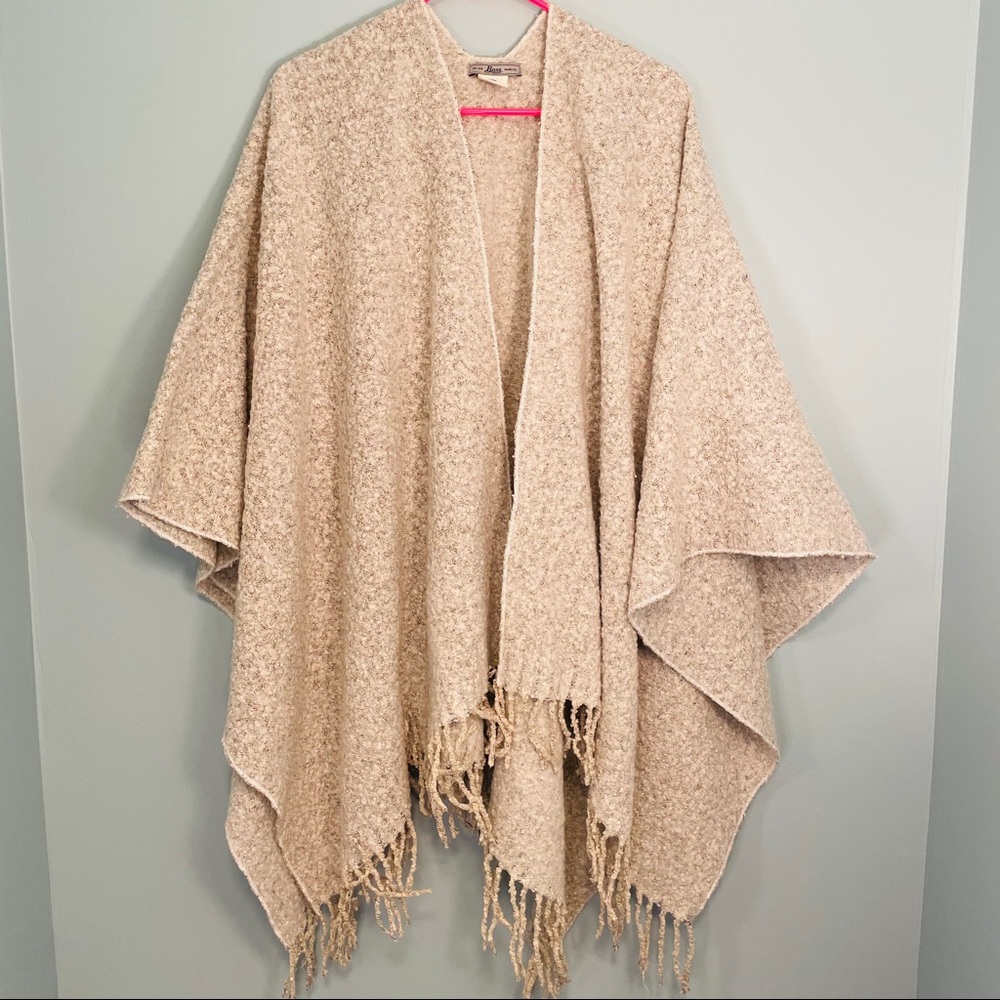 Bass cream gray taupe poncho sweater with fringe!